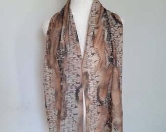 Large chiffon scarf reptile print black brown beige orange white sheer long 38 cm x 160 cm rectangular vintage 1990s
