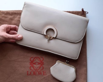 Genuine Loewe leather clutch bag with coin purse beige cream handbag small classic flap bag vintage 1980s 1990s designer minimalist