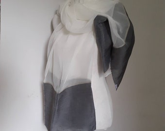 Max Mara vintage scarf stole wrap chiffon silk grey cream white monochrome block colour minimalist 1990s luxury elegant smart