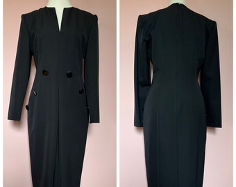 Black tailored dress knee length long sleeve pockets Medium UK14 fine wool vintage 1980s 1990s structured smart formal suit