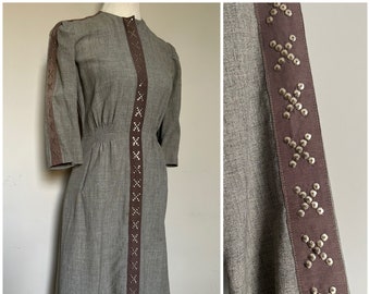 True vintage 1930s grey wool dress utility chore uniform Monte Christo XS 3/4 sleeves knee length marl silver statement