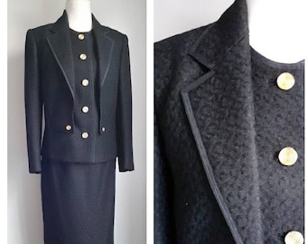 Ladies skirt suit smart two piece walking set black wool double illusion collar golden buttons. Vintage 1980s David Pallas Large W30 UK14