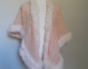 Harrods bed shawl pink cape vintage 1950s stole silk chiffon fluffy marabou angora trimmed crocheted knit burlesque mid century 1960s
