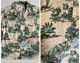 Hawaii shirt vintage 1950s cotton Helena’s men’s M original collector shirt beige green palms Hawaiian