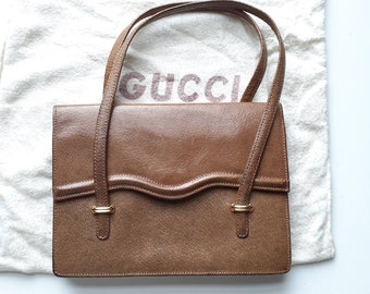 Genuine Gucci handbag ladies boxy top handle flap bag tobacco cinnamon brown leather rare vintage mid-century 1950s 1960s