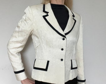 White blazer Hardy Amies ladies suit jacket tailored smart cream black cotton silk nautical UK14 FR42 Large vintage 1980s 1990s