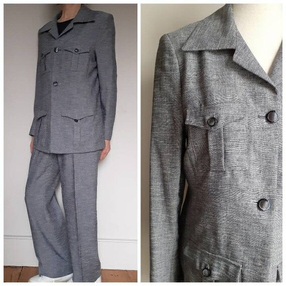 Vintage 1970s blue grey leisure suit lounge set Si
