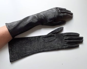 Black silver lamé vintage evening gloves long gauntlet mid arm stretch satin 1950s Large elegant smart dressy party burlesque costume