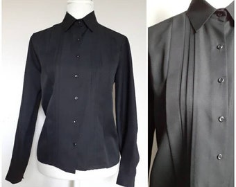 Vintage ladies smart black shirt blouse preppy long sleeve top pin tuck detail collared Large UK16 bust 40" 1980s St. Michaels