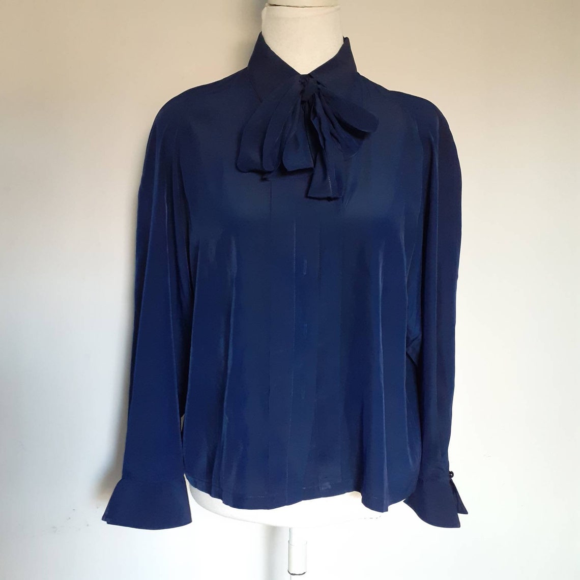 Vintage navy blue pussy bow blouse secretary shirt long sleeve | Etsy