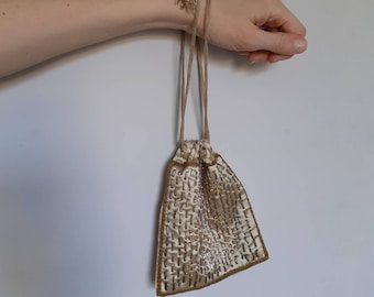 Embellished small drawstring pouch handbag evening bag gold shiny beaded golden satin vintage 1960s 1970s boho
