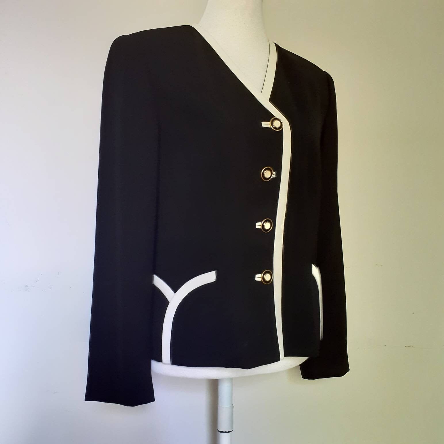 Ladies Short Boxy Blazer Jacket Black Monochrome Smart Dressy UK14 Collarless White Edging Medium Large Vintage 1980s 1990s Fink