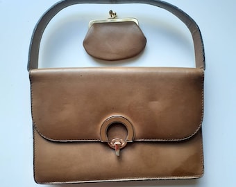 Vintage Loewe handbag and purse golden brown kid leather top handle bag ladies box bag mid century style 1990s minimalist