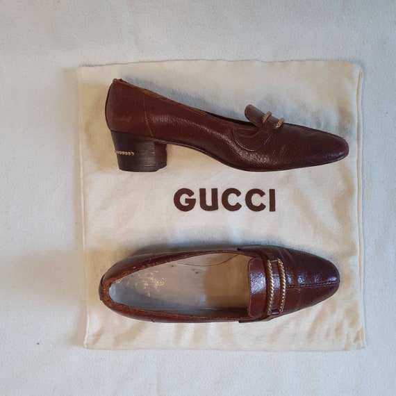 Buy Vintage Gucci Brown Leather Mid heel Shoes Heeled Pumps Loafers Moccasins Ladies Slip ons 39.5 UK6.5 US8.5 Golden Buckle Wood 1970s 1980s Online in India Etsy