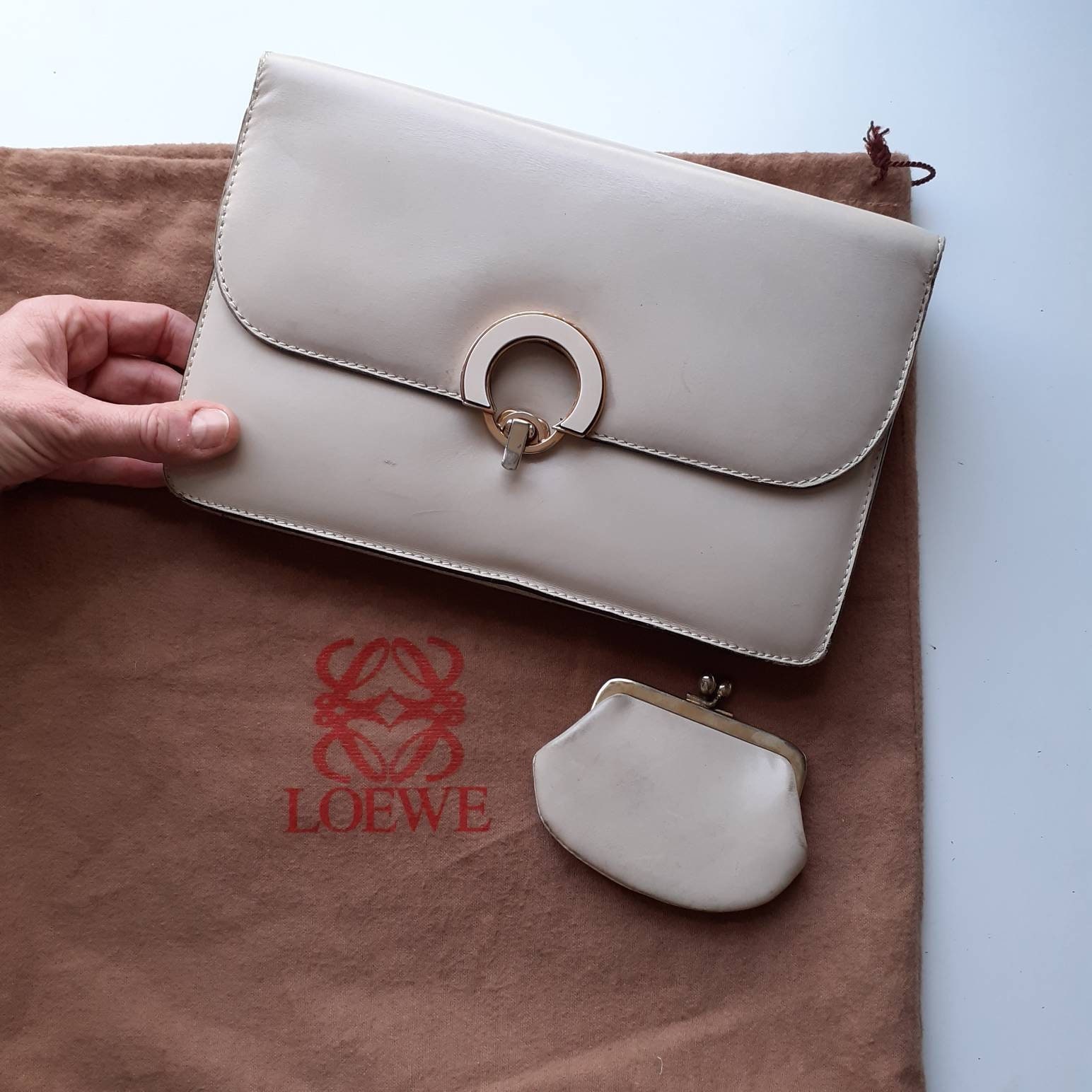 Genuine Loewe Clutch Handbag With Coin Purse Beige off -