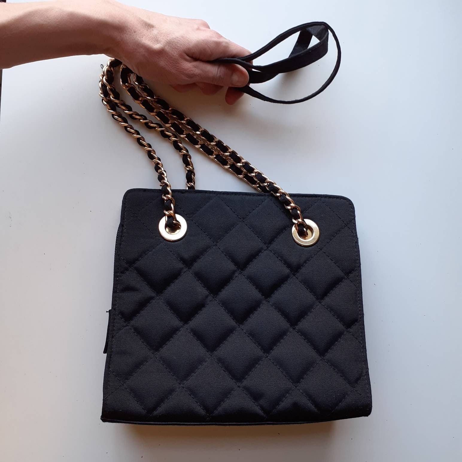 Small box bag, Patent calfskin & gold-tone metal, black — Fashion