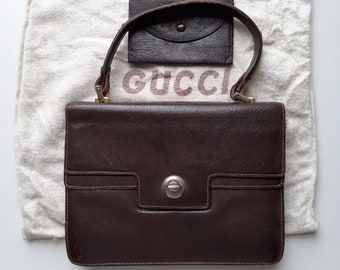 Authentic Gucci handbag dark brown leather top handle flap bag with coin purse. Rare genuine mid-century vintage 1950s 1960s