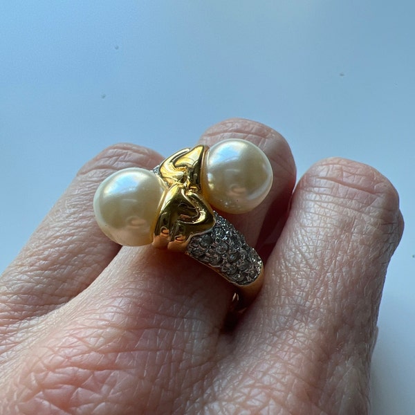 Vintage Gold cocktail ring white pearls clear crystals Large R statement costume jewellery 1990s
