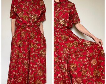 Red paisley culottes shirt co-ord set UK 16 Large wide leg trousers matching top blouse cotton vintage 1970s 1980s ladies St Michael