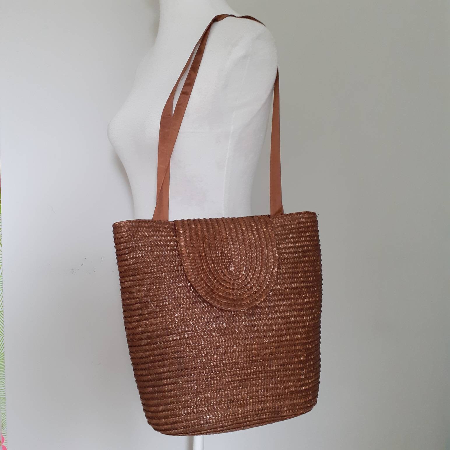 Harrods brown straw bucket tote large shoulder bag vintage Etsy