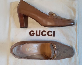 Authentic Gucci pumps EU40 UK 7.5 ladies high heel shoes loafers moccasins brown horsebit wood stacked heel classic vintage 1960s 1970s