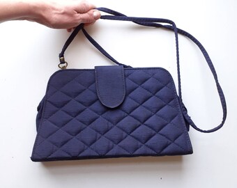 Quilted trapeze handbag navy blue satin ladies shoulder bag clutch smart elegant detachable strap vintage 1980s Made in Britain