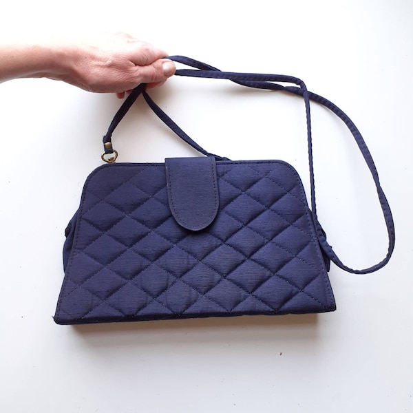 Quilted trapeze handbag navy blue satin ladies shoulder bag clutch smart elegant detachable strap vintage 1980s Made in Britain