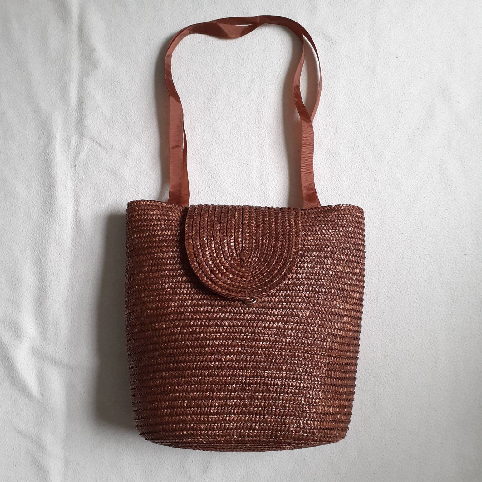 Harrods brown straw bucket tote large shoulder bag vintage Etsy