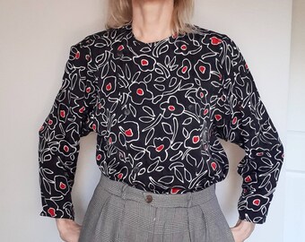 Black pure silk blouse women's shirt top Caroline Charles UK14 UK16 double breasted smart oversize red white floral Large vintage 1980s