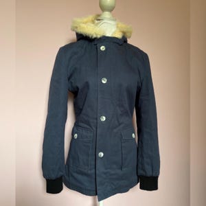 Hooded Parka Jacket Coat | Small Medium UK10 | Fur lined, Navy Blue Classic canvas | London cult designer SEX.Clothing Warm Winter