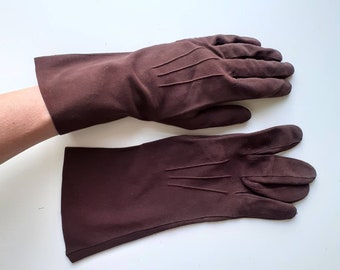 Dark brown suede gloves Large ladies gauntlets high wrist Neptune France vintage 1950s soft fine FR 6 3/4