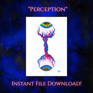 May include: A digital illustration of a stylised eye with a rainbow iris, surrounded by flames. The eye is connected to another eye by a swirling, intertwined blue and red stem. The text "PERCEPTION" is above the image.