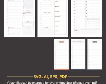 May include: A set of printable planner pages in black, white, and gray. The pages include a daily planner, weekly planner, monthly planner, notes page, shopping list, and to-do list. The pages are designed to help you stay organized and on track.