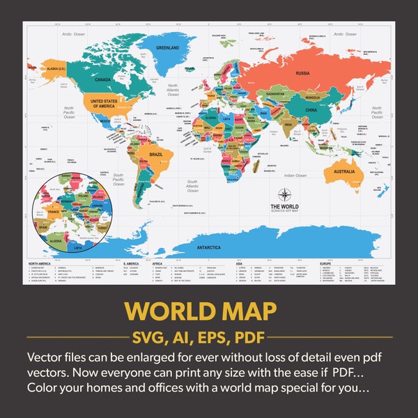 World Map, World Map Printable svg/ai/eps/pdf, Color your homes and offices with a world map special for you...