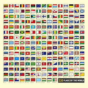 Puede incluir: Un gráfico de 220 banderas del mundo, cada bandera se muestra en un cuadrado con un borde negro. Las banderas están dispuestas en filas y columnas, y el fondo es de color amarillo claro. El texto "220 BANDERAS DEL MUNDO" se muestra en la parte inferior del gráfico.