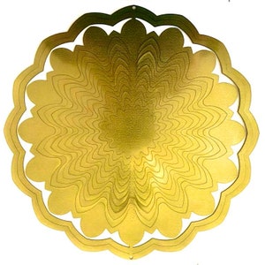 May include: A gold metal wind spinner with a flower design. The spinner has multiple layers of petals that create a swirling effect when it spins in the wind.