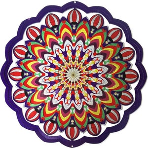 May include: A purple metal wind spinner with a colorful mandala design featuring hot air balloons. The mandala is made up of concentric circles of red, yellow, green, purple, and white.