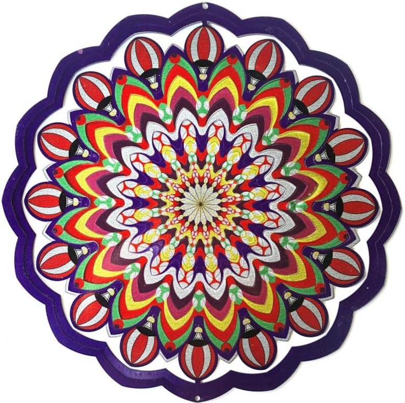 May include: A purple metal wind spinner with a colorful mandala design featuring hot air balloons. The mandala is made up of concentric circles of red, yellow, green, purple, and white.