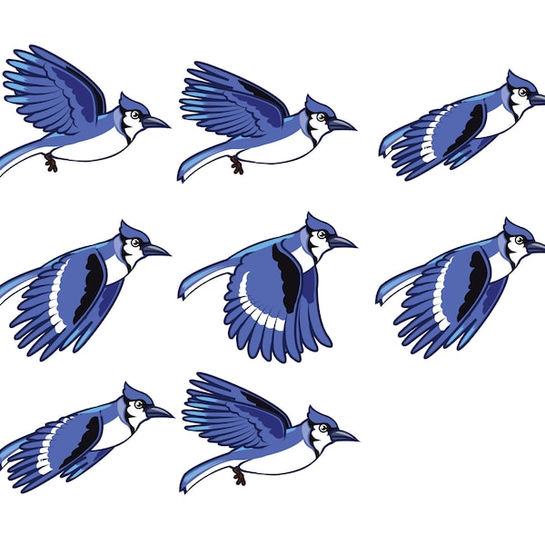 Flying Blue Bird Set, Blue Jay Flying Sprite, ai/eps/pdf/svg printable vector