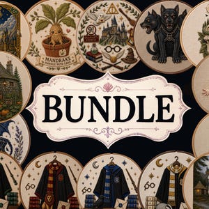 Puede incluir: Una colección de bastidores de bordado circulares con varios diseños de fantasía, incluyendo un castillo, una mandrágora, un perro de tres cabezas, una calavera, un elfo, un búho, un dragón y túnicas con bufandas, centrados por un letrero que dice BUNDLE.