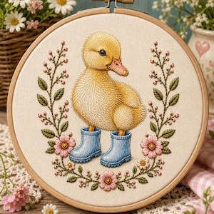 May include: A circular embroidery hoop containing a fabric panel with a stitched design of a fluffy yellow duckling wearing light blue rain boots. The duckling is framed by an embroidered wreath of green leaves and small pink and white flowers.