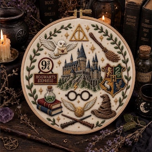 Op de afbeelding: Een ronde borduurring met een gedetailleerde geborduurde scène van een kasteel, een witte uil met een brief, een bezemsteel, een wapenschild met vier dierenemblemen, een hoed, een ronde bril, een gouden snaai en boeken met een toverdrank.