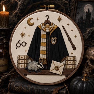 May include: A circular embroidery hoop featuring a black robe with a yellow and white striped scarf, a crest with the letter H, a wand, round glasses, stacks of books, a badger, and an envelope with a wax seal, all stitched on cream fabric.