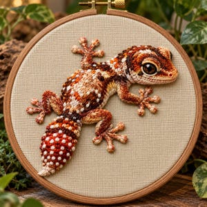 Könnte beinhalten: Ein runder hölzerner Stickrahmen mit beigefarbenem Stoff, auf dem ein detaillierter, dreidimensional gestickter Gecko zu sehen ist. Der Gecko hat ein strukturiertes Muster aus orangefarbenen, braunen und weißen Punkten sowie ein großes, dunkles Auge.