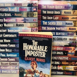May include: A stack of paperback books with colorful covers. The books are all by the same author, Gilbert Morris. The titles of the books include "The Captive Bride", "The Indentured Heart", "The Yukon Queen", "The Rough Rider", and "The Honorable Imposter".