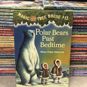 May include: A stack of Magic Tree House books with the cover of "Polar Bears Past Bedtime" featuring a polar bear and two children in winter clothing. The book is titled "Magic Tree House #12" and the author is Mary Pope Osborne.