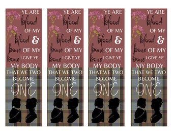 May include: Four bookmarks with a plaid background and a floral design. The bookmarks feature a silhouette of a couple and the text "Ye are blood of my blood & bone of my bone. I give ye my body that we two become one."