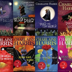 May include: A collection of 12 book covers featuring the title "Charlaine Harris" and various titles from the Sookie Stackhouse series. The covers feature a variety of colors and illustrations, including a woman in a black dress, a tiger, a rose, and a house.