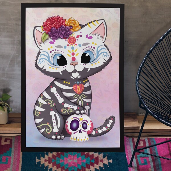 kawaii Sugar Skull Neko Kunstdruck, Día de los Muertos Print, Manga Anime Druck, süße Sugarskull Katze, süße schwarze Katzen