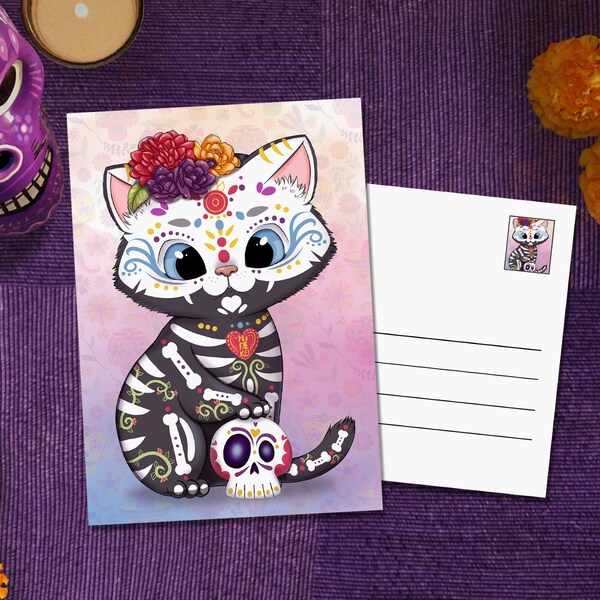 kawaii Sugar Skull Neko Postkarte, Día de los Muertos Karte, Manga Anime Karte, süßer Sugarskull Print, süße Katzen Karte